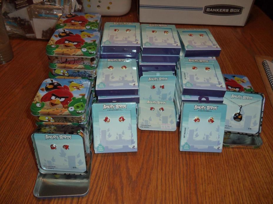 ANGRY BIRDS - EARRINGS AND NECKLACE LARGE LOT - 54 PACKAGES/TINS