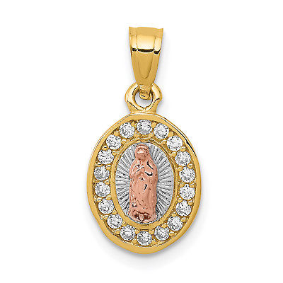 14k Two-tone w/White Rhodium D/C Oval CZ Lady of Guadalupe Pendant