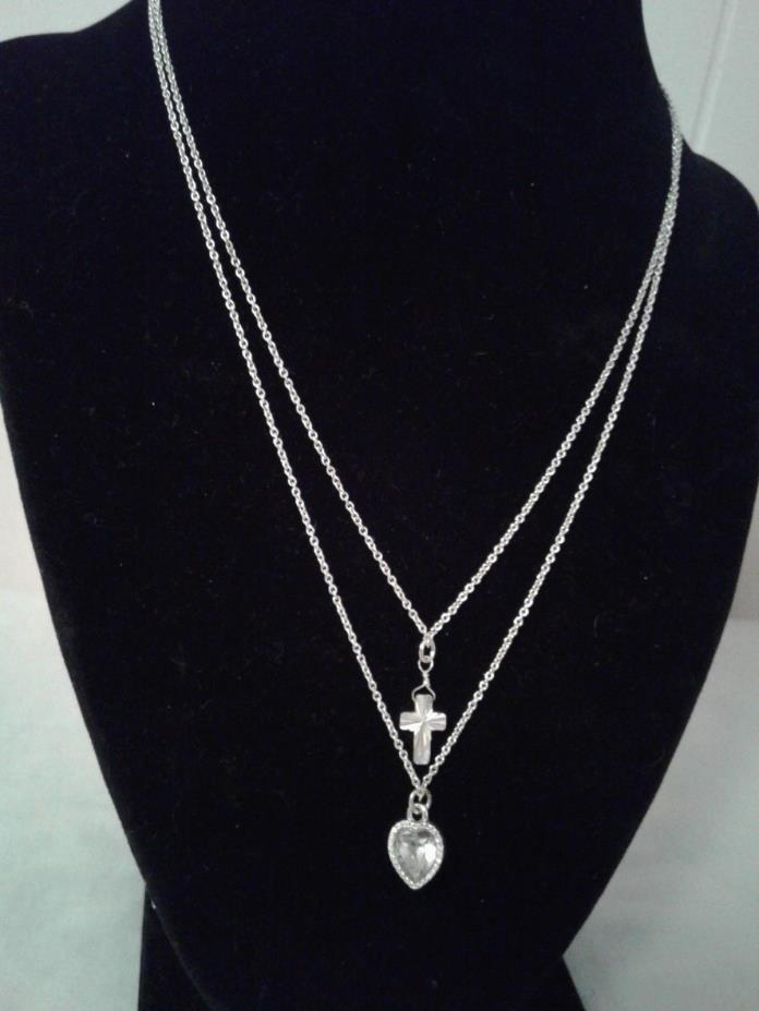 Avon silvertone 2 chain strand with heart and cross pendant necklace/pre owned