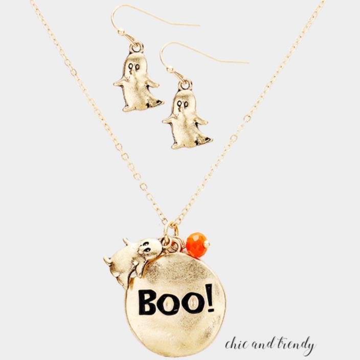 HALLOWEEN BOO GHOST NECKLACE CHILD / ADULT CHIC & TRENDY HOLIDAY JEWELRY SETS