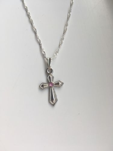 Children's Small Cross Necklace Pink Rhinestone Religious Communion