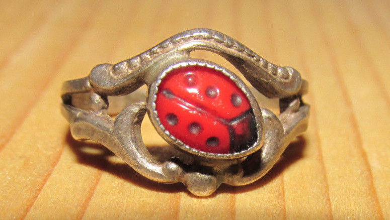 Unique Antique Baby/Child Coral Ladybug Sterling Ring!  size 1