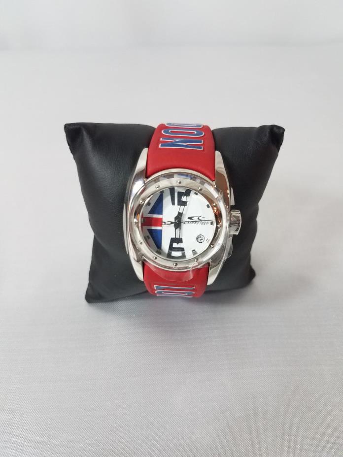 CHRONOTECH BOYS SILVER DIAL RED LEATHER DATE QUARTZ WATCH