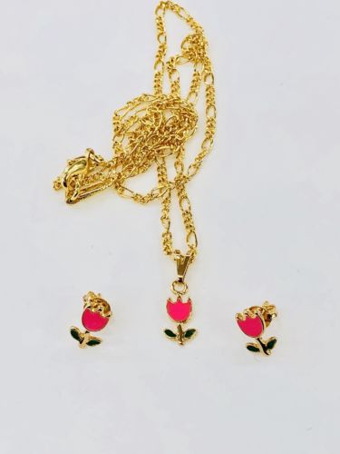 Gold Filled kids Pink Flower jewelry set