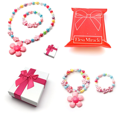 Little Girl Kids Toddler PINK Flower Necklace & Bracelet Set Gift Box Pri