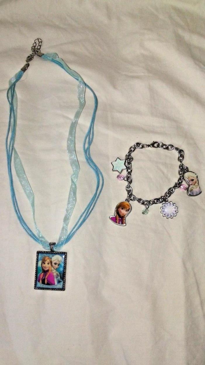Disney's Frozen Charm Bracelet and Ribbon Necklace Square Pendant Set Anna Elsa