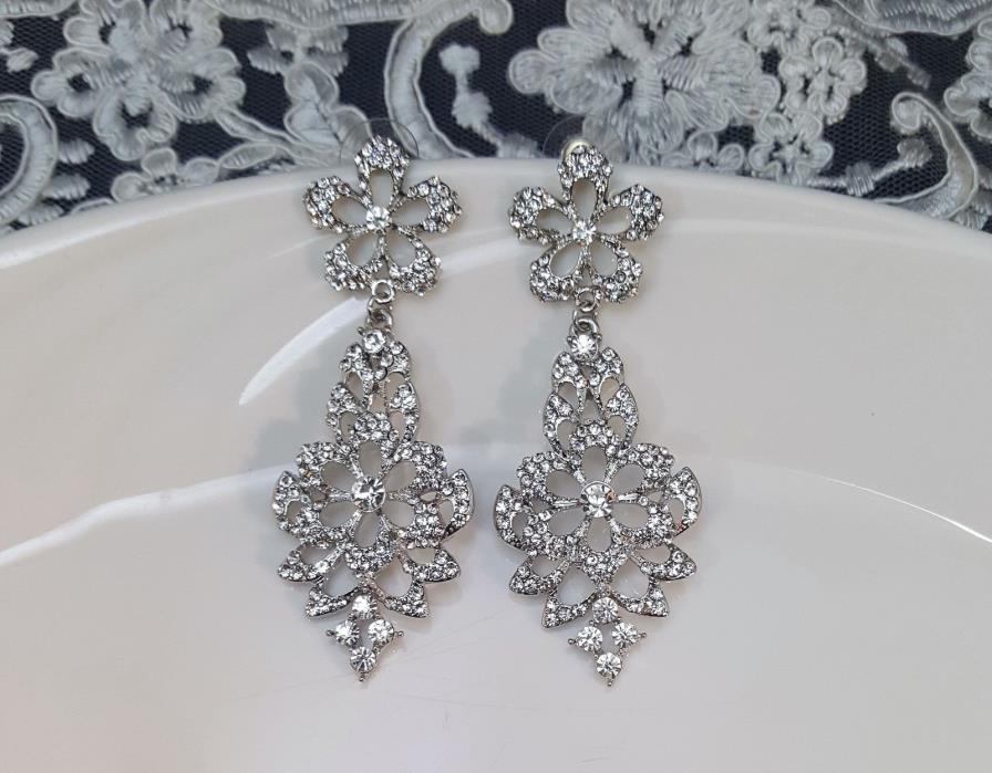 Wedding Silver Plated Rhinestone Long Earrings Pierced
