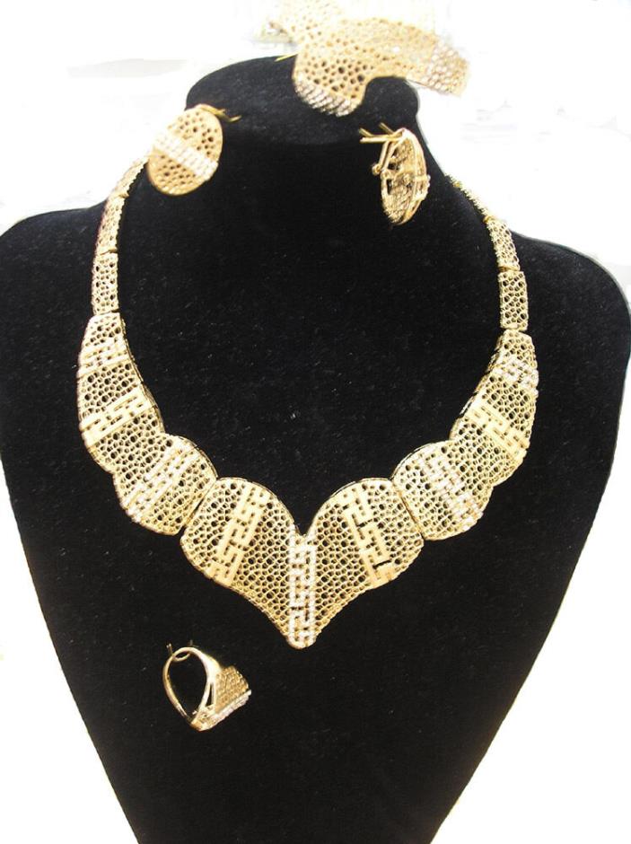 White Crystal 18K Gold Plated Wedding Necklace Bracelet Earrings Ring Set # 3066