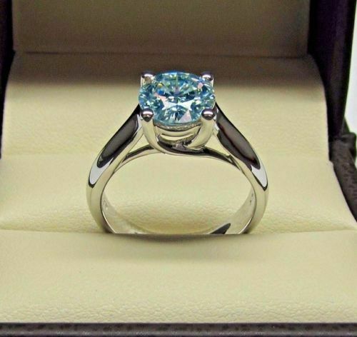 2CT Round Cut Blue Moissanite Engagement Solitaire Ring Solid 14K White Gold