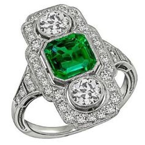 14K White Gold 2 Round Moissanite & Center Emerald Art Deco Nice Engagement Ring
