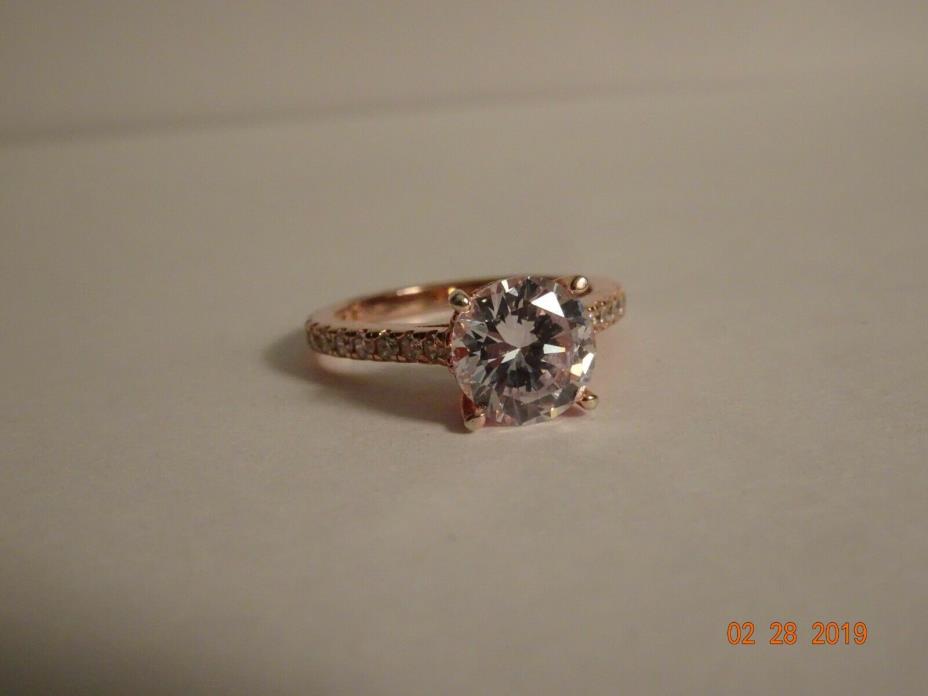 Pink Gold Color Over Sterling Silver and CZ Solitaire with Accents Ring-size 5 3