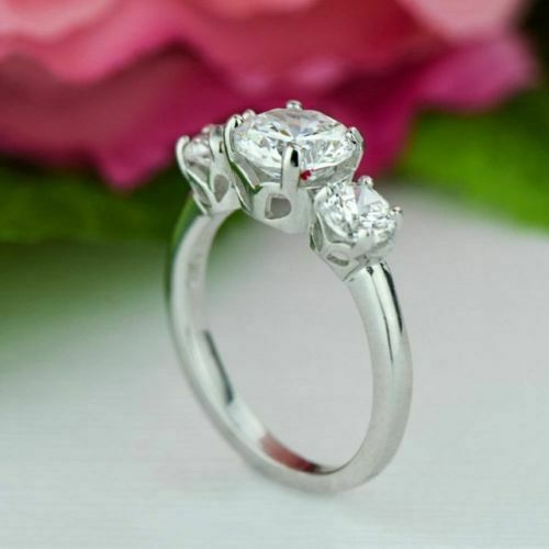 3 Stone Round Cut Moissanite Engagement Wedding Ring In Solid 14K White Gold