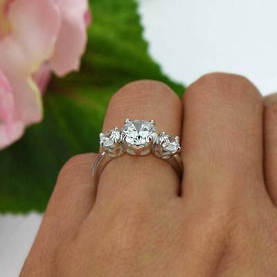 2 Ct Round Cut 14K White Gold Finish Diamond Engagement Ring 3-stone Design