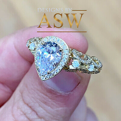 14K SOLID YELLOW GOLD PEAR CUT SIMULATED DIAMOND ENGAGEMENT RING HALO 2.70CT