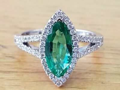 Engagement Ring 14k White Gold 1.30ct Marquise Green Emerald & Round Cut Diamond