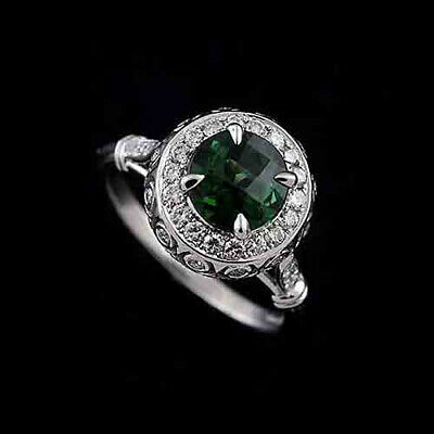 14k White Gold Diamond Green Tourmaline Art Deco Style Engagement Ring