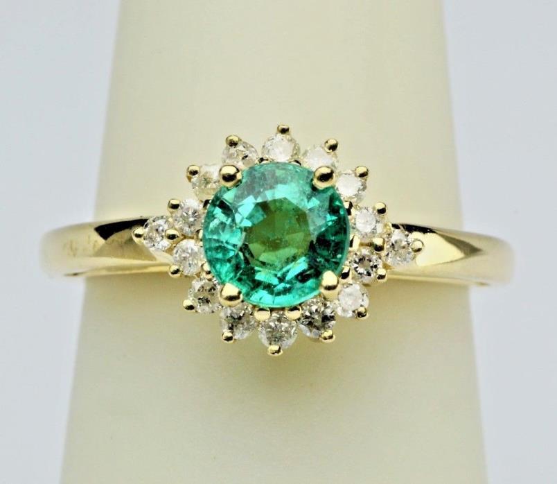 1.10ct Natural Round Green Emerald Diamond Halo 14K Yellow Gold Ring Engagement