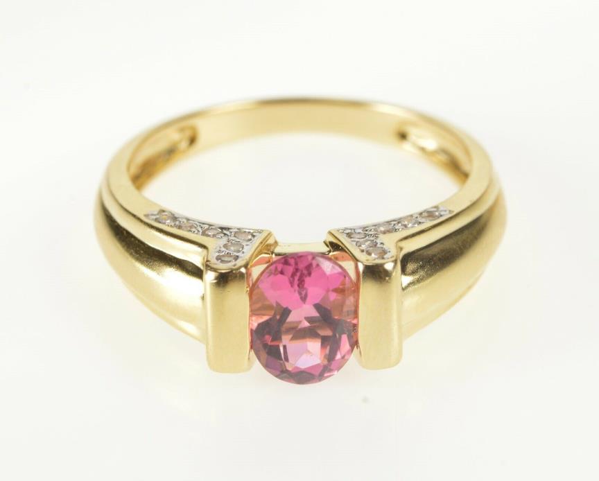 14K Pink Tourmaline Oval Diamond Engagement Ring Size 9 Yellow Gold *91