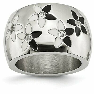 Goldia Stainless Steel Black & White Enamel Flowers with Cz Ring