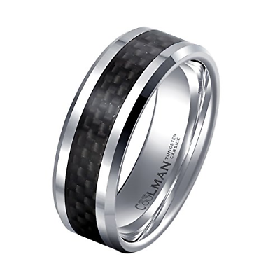 COOLMAN Tungsten Wedding Rings for Men Black Carbon Fiber Inlaid Men's Rings 8MM