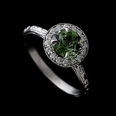 Diamond Round Green Tourmaline Hand Engraved Vintage Style Engagement Ring