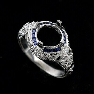 Diamond Sapphire Engraved Engagement Ring Mounting 18k White Gold