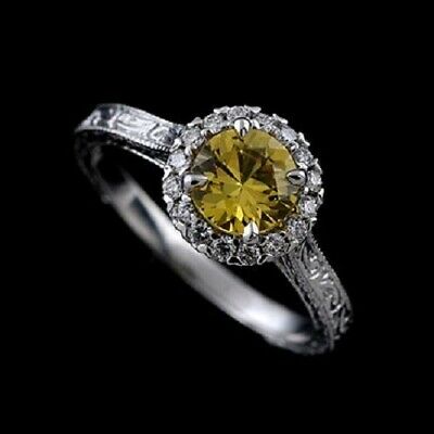 Diamond Round Yellow Sapphire Halo Engraved Vintage Style Gold Engagement Ring