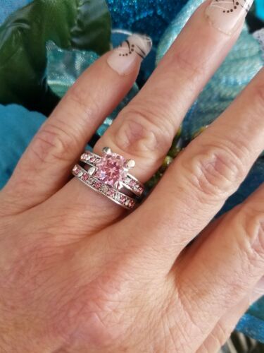??Pink Diamond Simulant Wedding Set, High Polished Titanium, Size 6