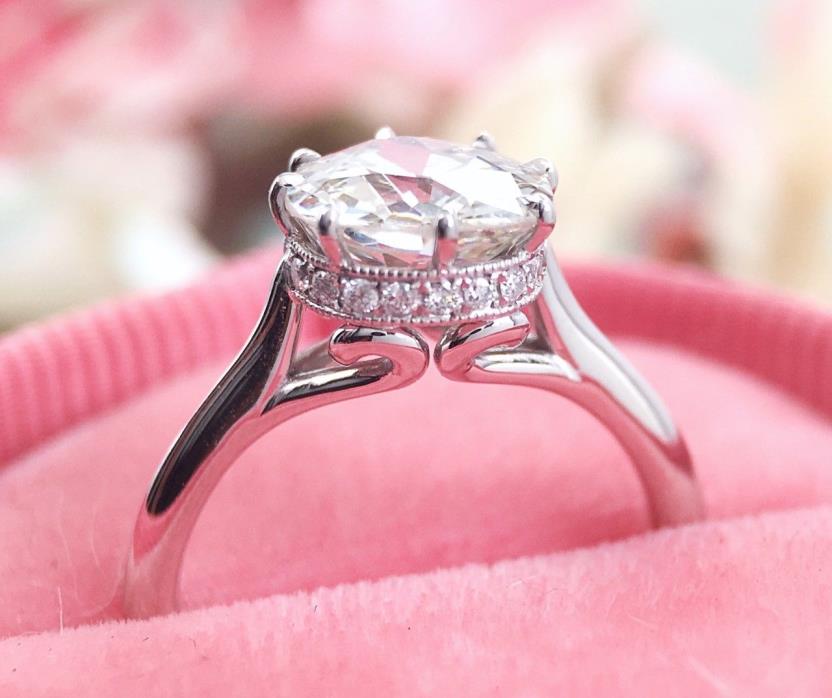 Platinum Engagement Ring Semi Mount Setting Diamond Crown Milgrain 8mm Solitaire