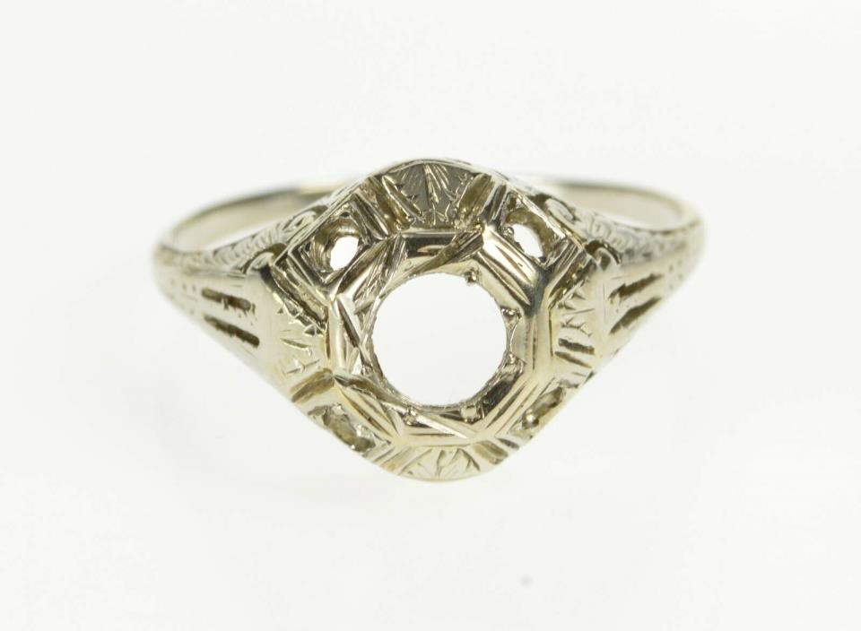 18K Ornate Art Deco Engagement Setting Ring Size 8 White Gold *64