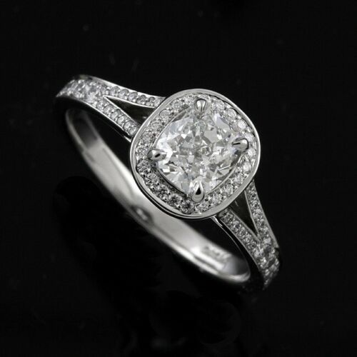 Halo Cushion Shape Split Shank Platinum Diamonds Engagement Ring Setting