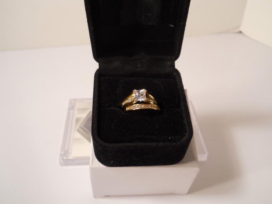 Women's 14k Gold Plated Princess Cut AAA CZ Wedding Ring Set Size 5