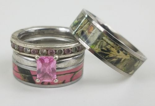 Camo 4pc Wedding Ring Set Pink Camo Sterling Silver Womens size 8 Mens size 11