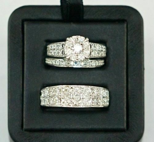 Real 10k White Gold Diamond His Her Engagement Wedding Trio Ring Bridal Set