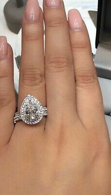 Halo Style Engagement Wedding Ring Set 14k White Gold 2.50ct Pear & Diamond