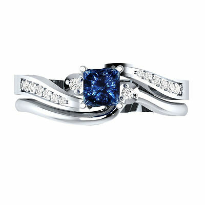 14k White Gold 0.62 ct Certified Natural Diamond & Blue Sapphire Bridal Ring Set