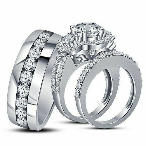 Real 10K White Gold Trio Ring Set His and Hers Diamond Engagement Wedding Bridal