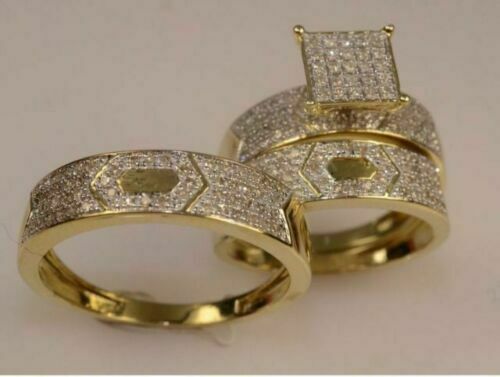Diamond Wedding Real 10K Yellow Gold Trio His And Her Bridal Engagement Ring Set