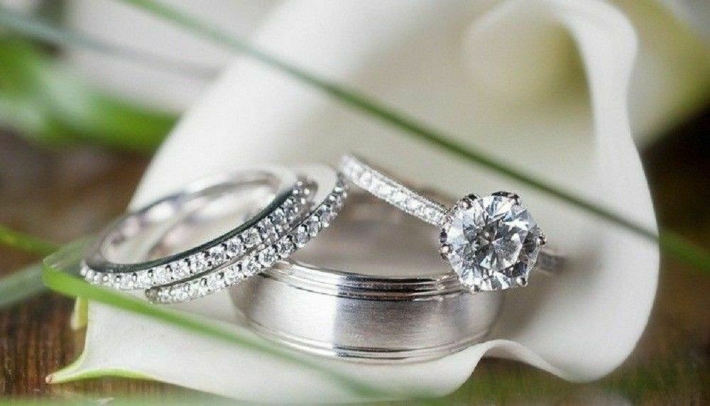 Trio His Her Bridal Band Engagement Ring Set Diamond Wedding Real 10k White Gold