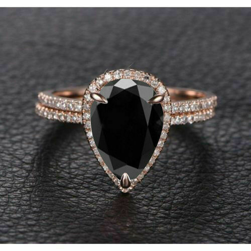 2CT Pear Cut Black Diamond Halo Engagement Ring Bridal Set 14K Rose Gold Over