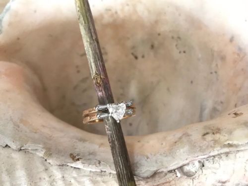 14K Yellow Gold Genuine Heart Diamond With Baguettes Wedding Ring Set