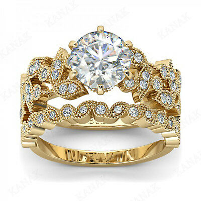 2.50 ct Diamond 10k Yellow Gold Bridal Set Miligrain Vintage Engagement Ring Set