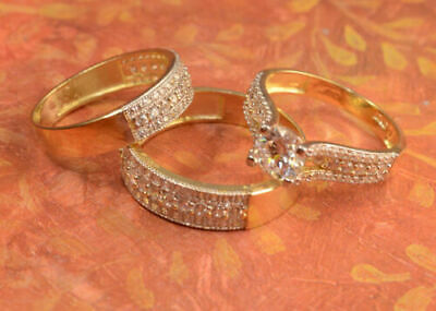 10K Solid Yellow Gold Trio Wedding Ring Set Diamond Engagement Band His And Her
