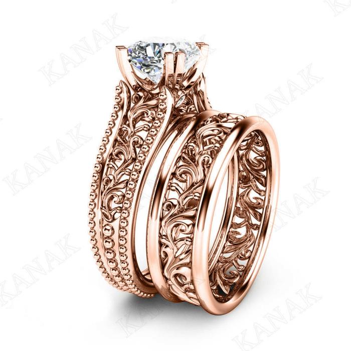3 Ct Diamond Cushion Cut 10k Rose Gold Vintage Bridal Set Engagement Ring