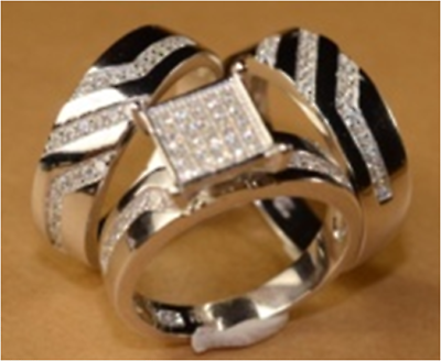 His Her Diamond Engagement Bridal Wedding Band Trio Ring Set 14K White Gold Over