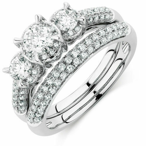 2 Ct Round Cut Solitaire 14K Solid White Gold 3-Stone Engagement Bridal Ring Set