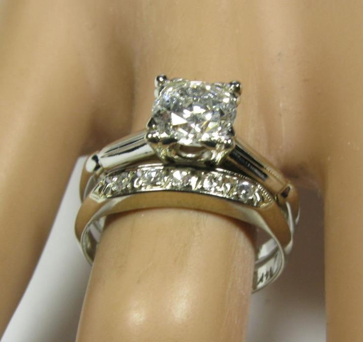 Solitare Engagement Diamond Ring 1CT European Cut Wedding Band 14K White Gold