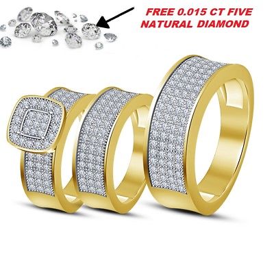 2.29 CT Diamond Trio Bridal Wedding Ring Band Set 14K Yellow Gold Over Round Cut