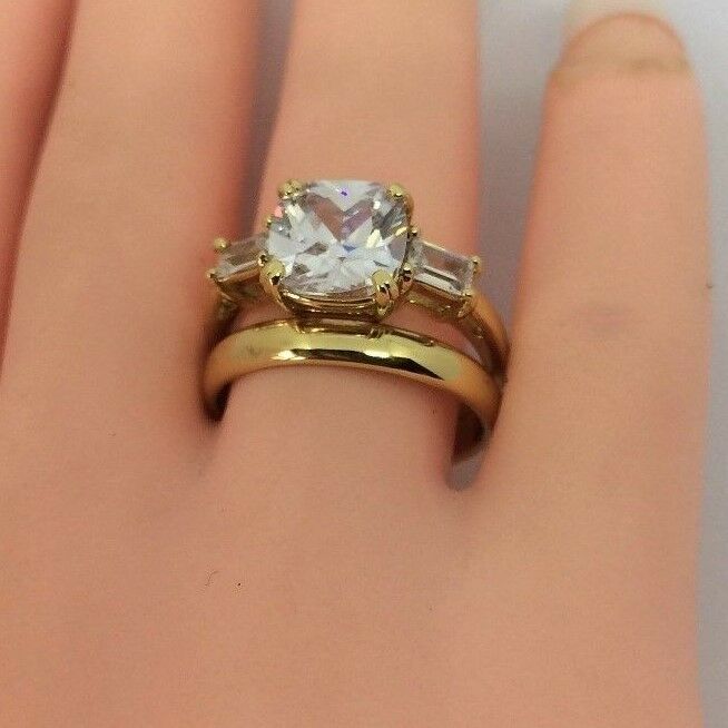 14k gold Overlay  Imitation Diamonds Bridal Engagement Wedding Ring Set LY48