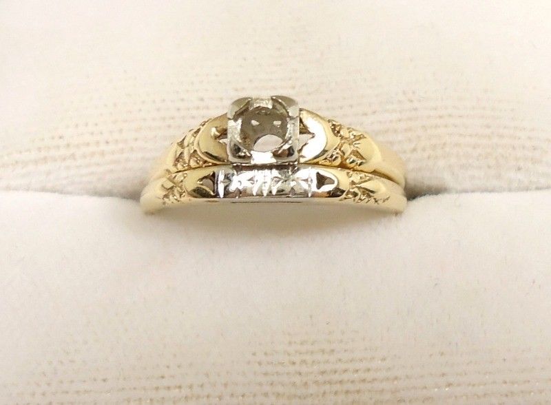 Vtg 14K White/Yellow Gold Wedding Set Rings Setting~Sz 5.5~2.0 g~Repair/Scrap